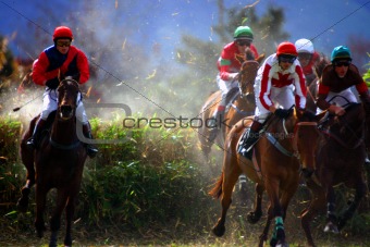 The horses clear the fence in the steeplechase. 
