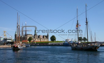 Helsingor:  harbour, ships and castle Kronborg