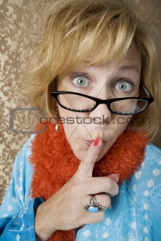 Crazy woman signaling for quiet