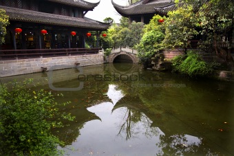 Red Lanterns Pond Reflection Wuhou Three Kingdoms Chengdu Sichua
