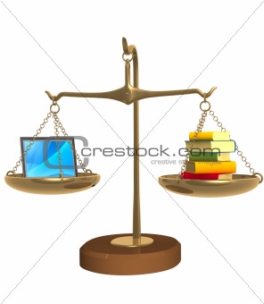 3d books and laptop on bowls scales
