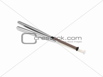 metallic baseball bat over white