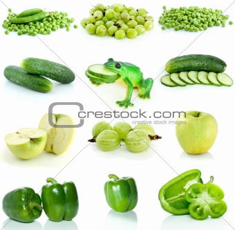 Set of green fruit, berries and  vegetables