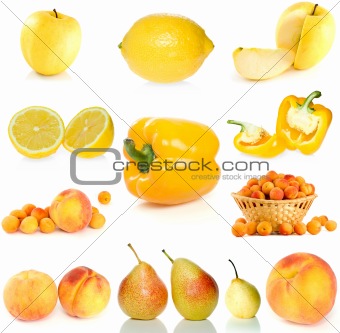 Set of yellow fruit, berries and  vegetables