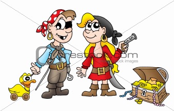 Pirate kids with duck and treasure