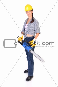 Beauty woman with chainsaw