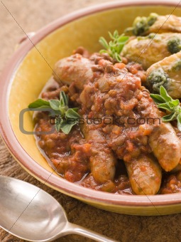 Sausage and Lentil Stew with Pesto Roasted Potatoes