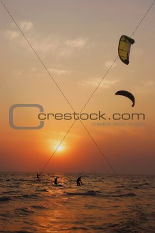 silhouettes of kite surfers at sunset