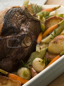 Roast Leg of Spring Lamb With Roast Potatoes and Vegetables