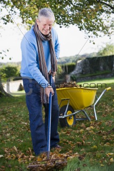 Senior man collecting leaves in garden