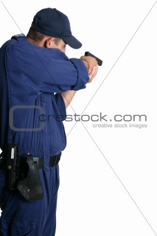 Security Officer aiming a gun