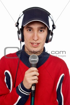 Disc jockey with headphones and microphone