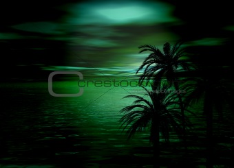 Beautiful Green Horizon Sea and Sky after sunset with tree silho