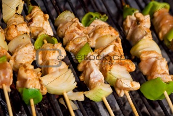 Meat and vegetables on barbecue sticks - closeup