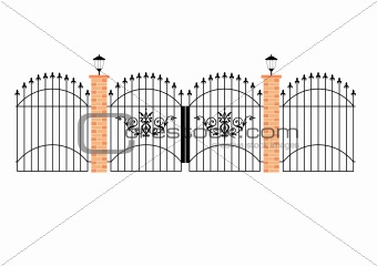 elegant wrought iron gates with brick pillars and lamps