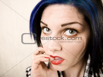 Wide Angle Portrait of a Apprehensive Rockabilly Girl