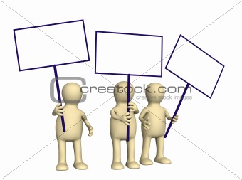 3d puppets protesting with posters on demonstration