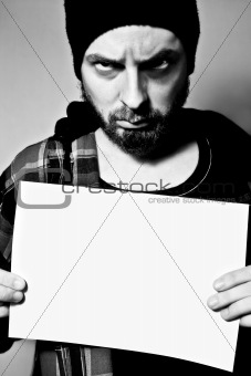 Arrested man holding a blank sheet