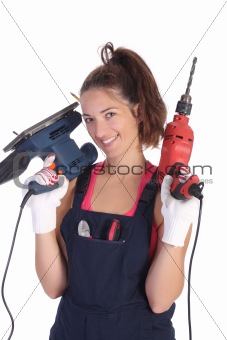 Beauty woman with auger and sander 