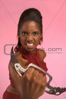 Crazy ethnic woman threatens using Brass Knuckle knife