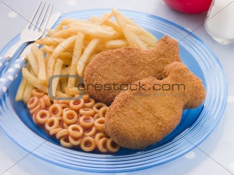 Fish Cakes with Spaghetti Hoops and Chips