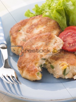 Cod and Salmon Fish Cakes with Corn and Salad