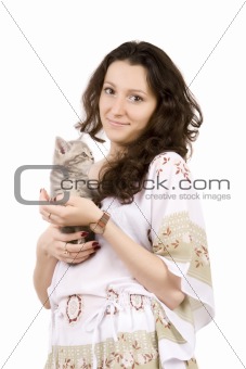 young women with gray kitten