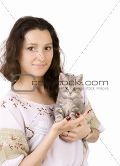 young women with gray kitten