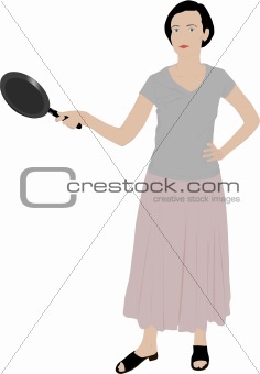 beautiful girl illustration holding a kitchen pan