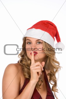 Blonde Mrs Santa Claus ask for silence please!