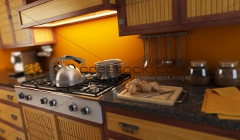 3d rendering close-up view of modern kitchen with small depth of