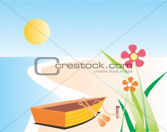 Fishing boat, flower and beach
