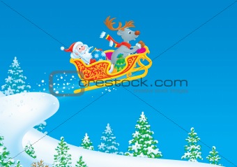 Santa Claus and Reindeer flies in a sleigh
