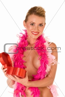 Sexy implied topless blonde with Valentine's day gift box