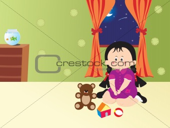 cute girl playing toys on the bed, illustration