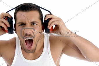 caucasian guy enjoying rock music with full volume