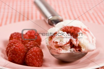 Fresh raspberries with ice cream