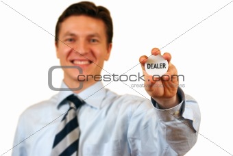Businessman holding a dealer sign,clipping path included