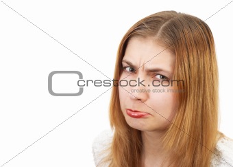 offended young girl emotional portrait. isolated on white.
