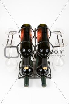 wine and glasses on a rack