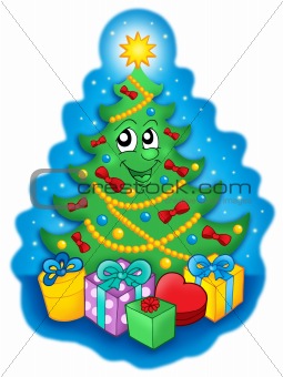 Smiling Christmas tree with gifts on blue sky