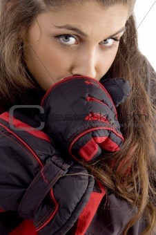 close up of beautiful female feeling cold