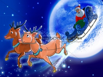 Santa is riding deers on the back of the Moon.