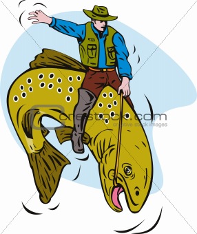 Fly fisherman riding a bucking trout