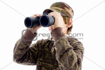 front view boy viewing through binoculars 