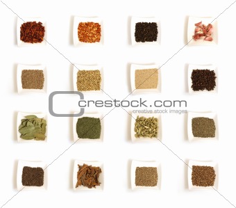 Various kinds of spices in white square bowl