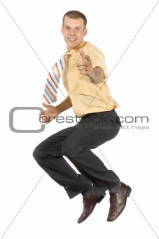 jumping and pointing businessman