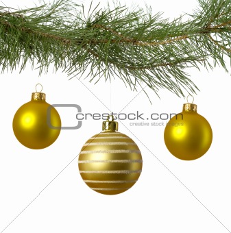 christmas branch with three golden baubles
