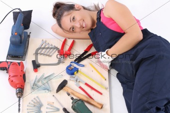 woman carpenter with work tools