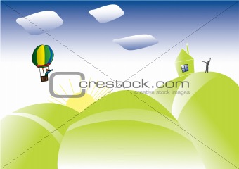 Abstract background with colored clouds and hot air balloon